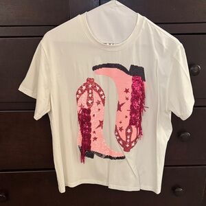QUEEN OF SPARKLES White Tee with Pink Sequin Boots